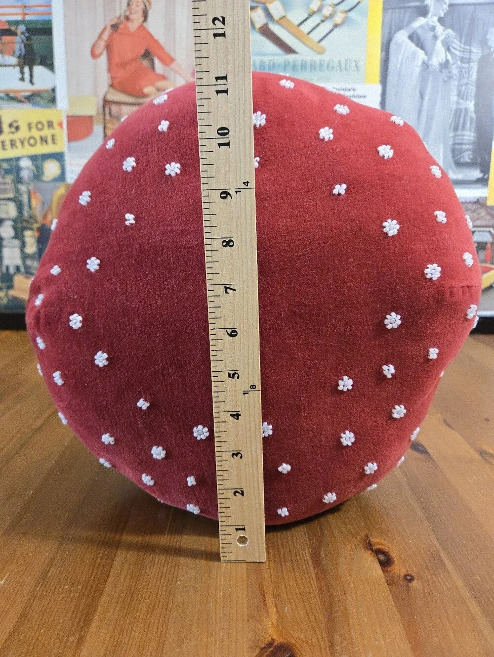 John Derian Red & White Mushroom Plush Decorative Beaded Throw Pillow Fall Decor